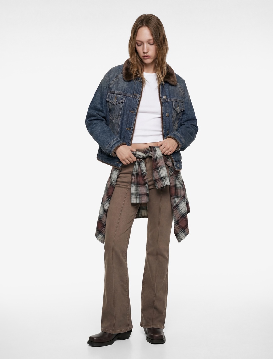 Koton Kadın Slim Fit Normal Bel Cep Detaylı Nervürlü İspanyol Paça Pantolon - Flare Jeans