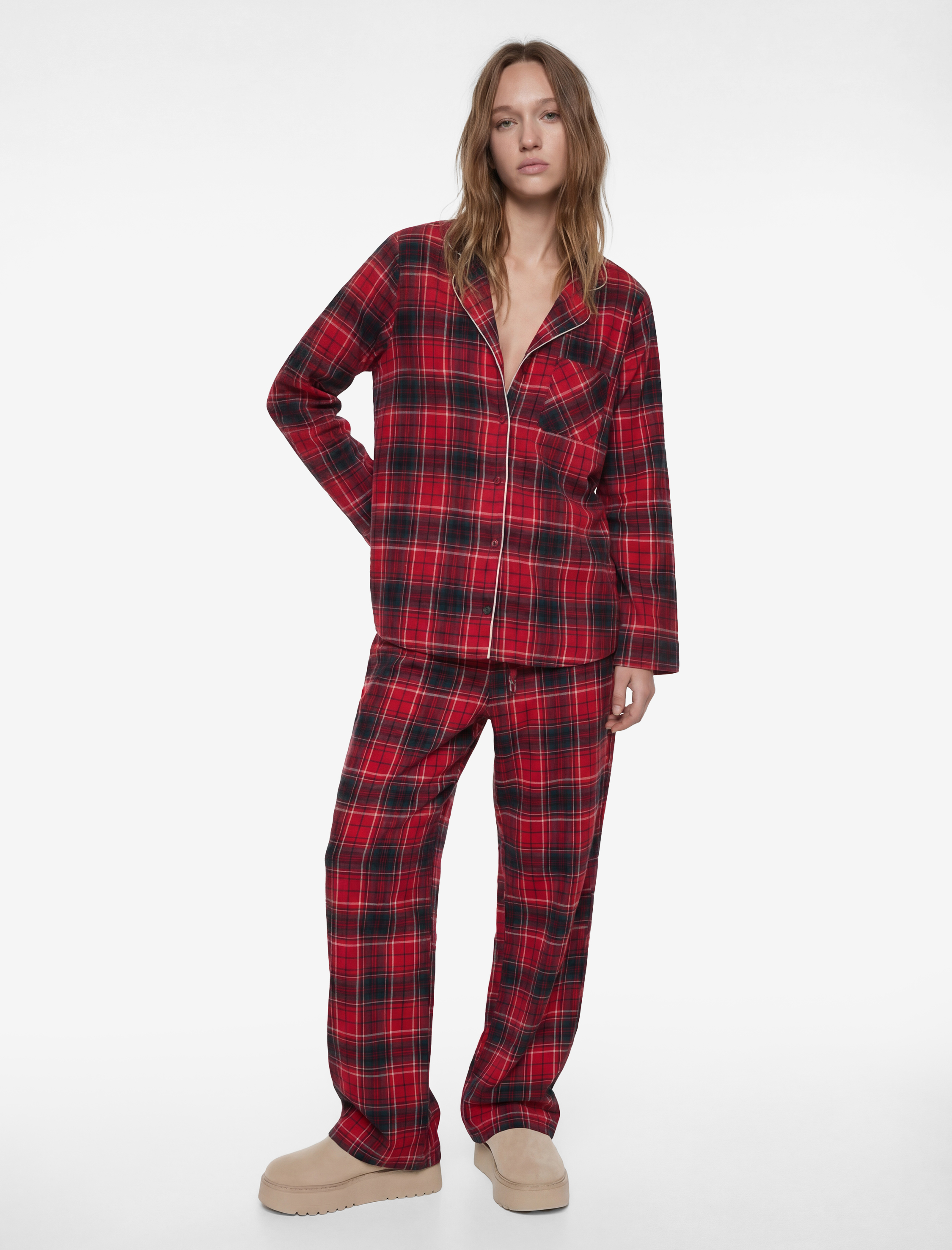   Pamuklu Uzun Kollu Gömlek Yaka Yılbaşı Desenli Ekoseli  Pijama Üstü