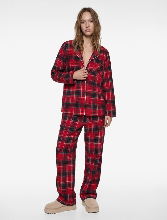  Pamuklu Uzun Kollu Gömlek Yaka Yılbaşı Desenli Ekoseli  Pijama Üstü