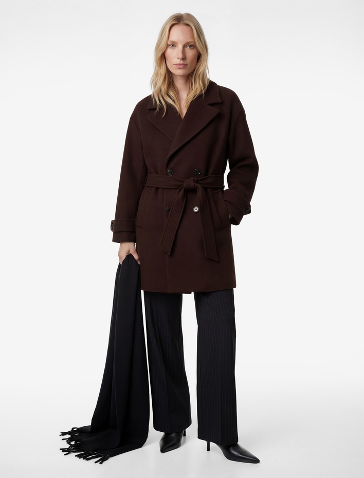  Cepli Kruvaze Uzun Kollu Kemerli Kaşe Kaban