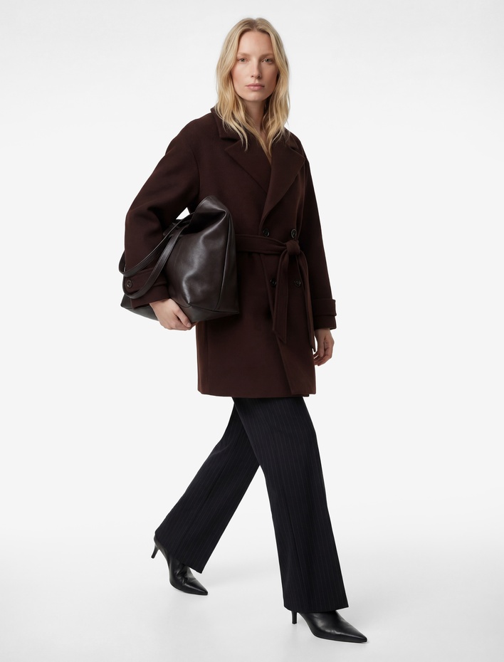  Cepli Kruvaze Uzun Kollu Kemerli Kaşe Kaban