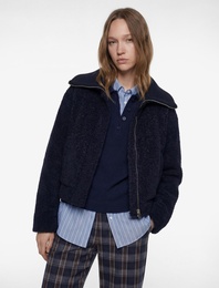 Uzun Kollu Fermuarlı Cep Detaylı Geniş Yaka Crop Ceket