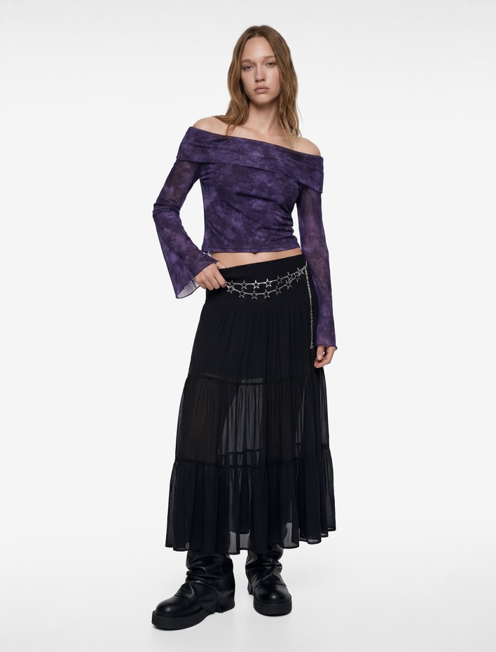  Omuzu Açık Uzun Kollu Slim Fit Batik Desenli Tişört