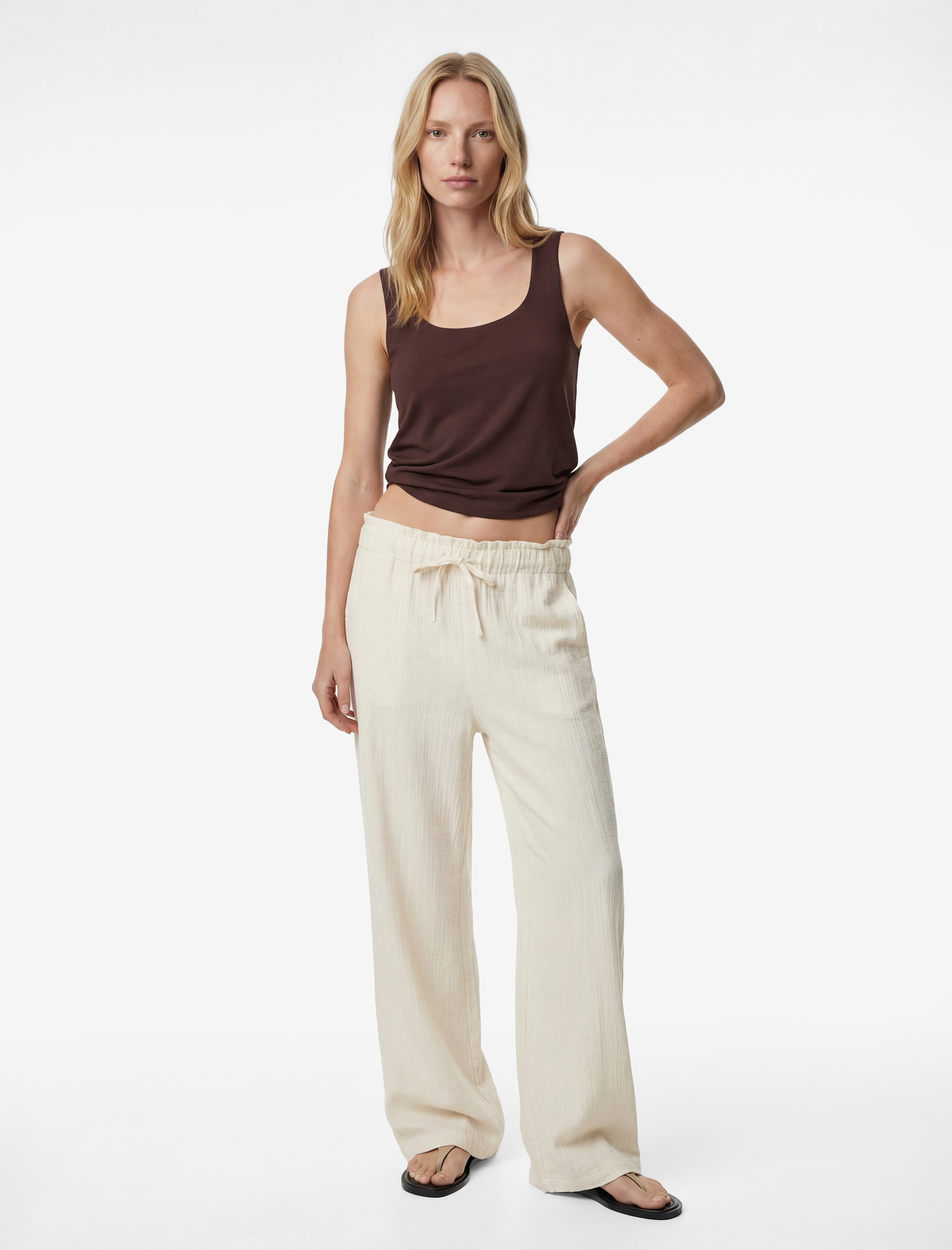   Cepli Beli Bağcıklı Geniş Paça Keten Karışımlı Pantolon