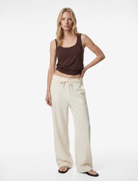 Cepli Beli Bağcıklı Geniş Paça Keten Karışımlı Pantolon