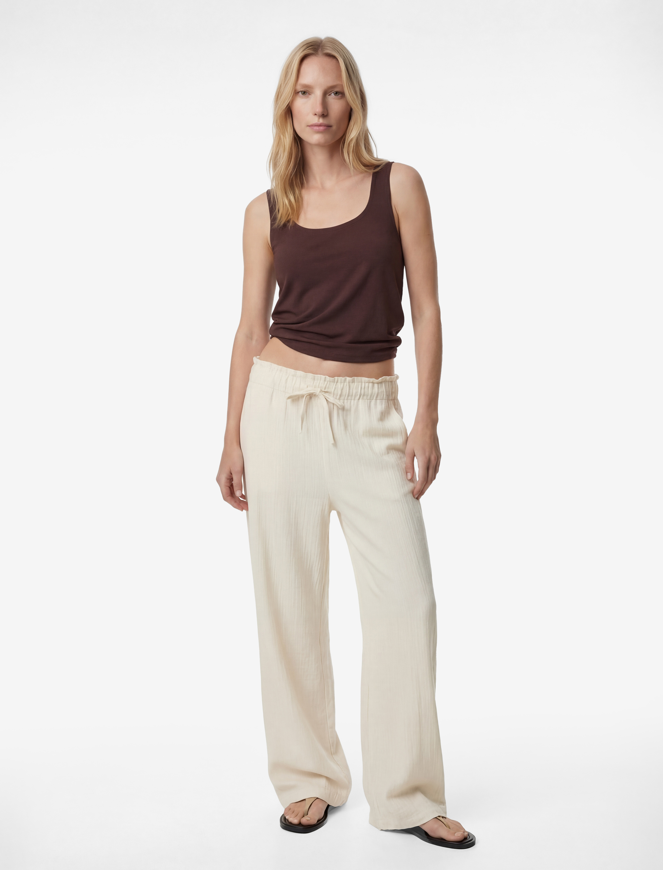   Cepli Beli Bağcıklı Geniş Paça Keten Karışımlı Pantolon