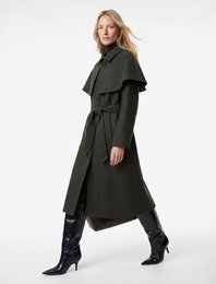 Regular Fit Uzun Kollu Cepli Çıkarılabilir Pelerinli Kemerli Uzun Kaşe Kaban