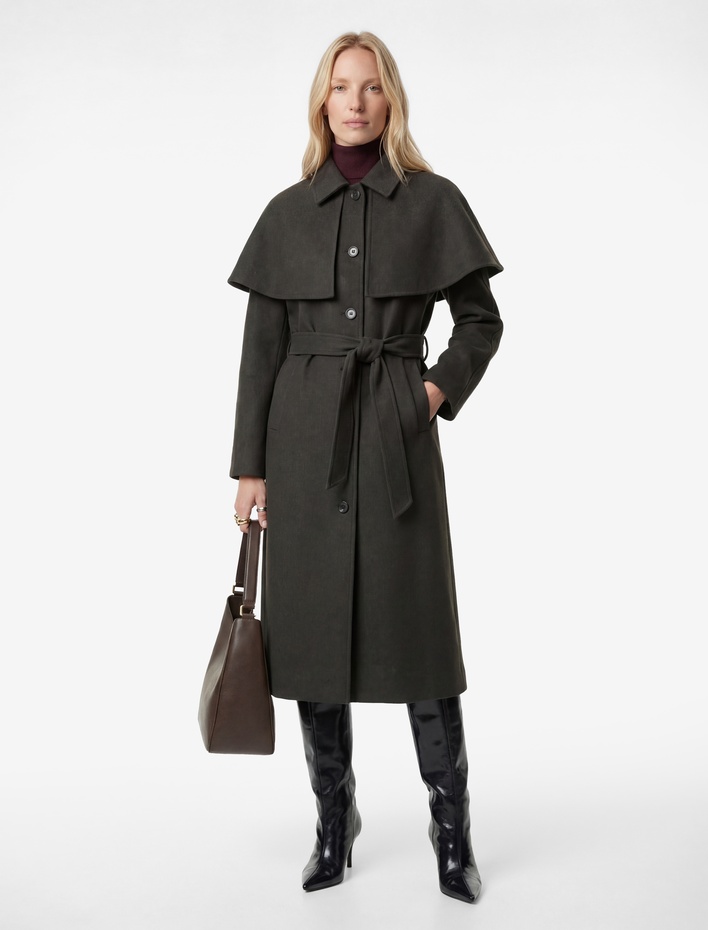  Regular Fit Uzun Kollu Cepli Çıkarılabilir Pelerinli Kemerli Uzun Kaşe Kaban