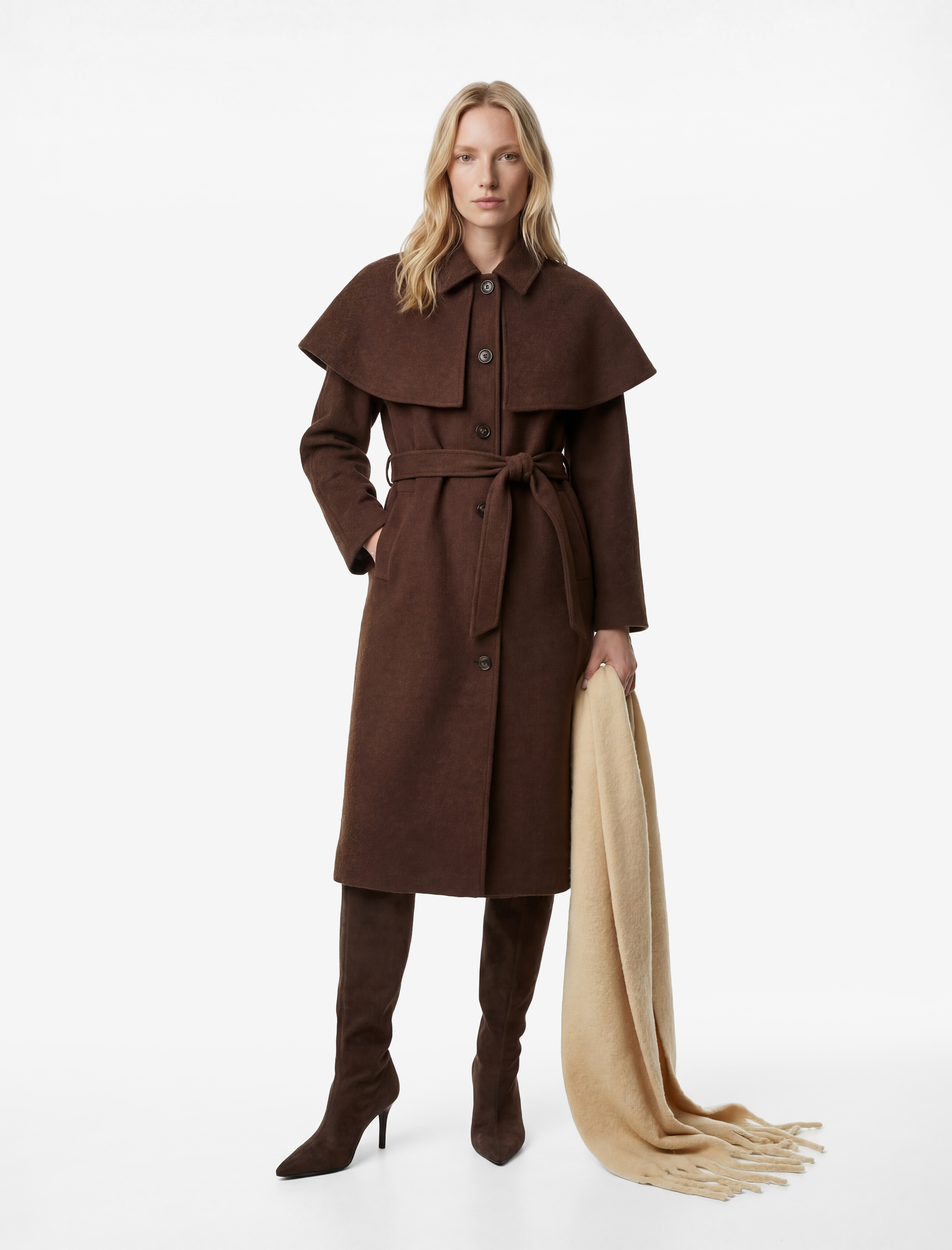   Regular Fit Uzun Kollu Cepli Çıkarılabilir Pelerinli Kemerli Uzun Kaşe Kaban