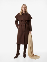 Regular Fit Uzun Kollu Cepli Çıkarılabilir Pelerinli Kemerli Uzun Kaşe Kaban