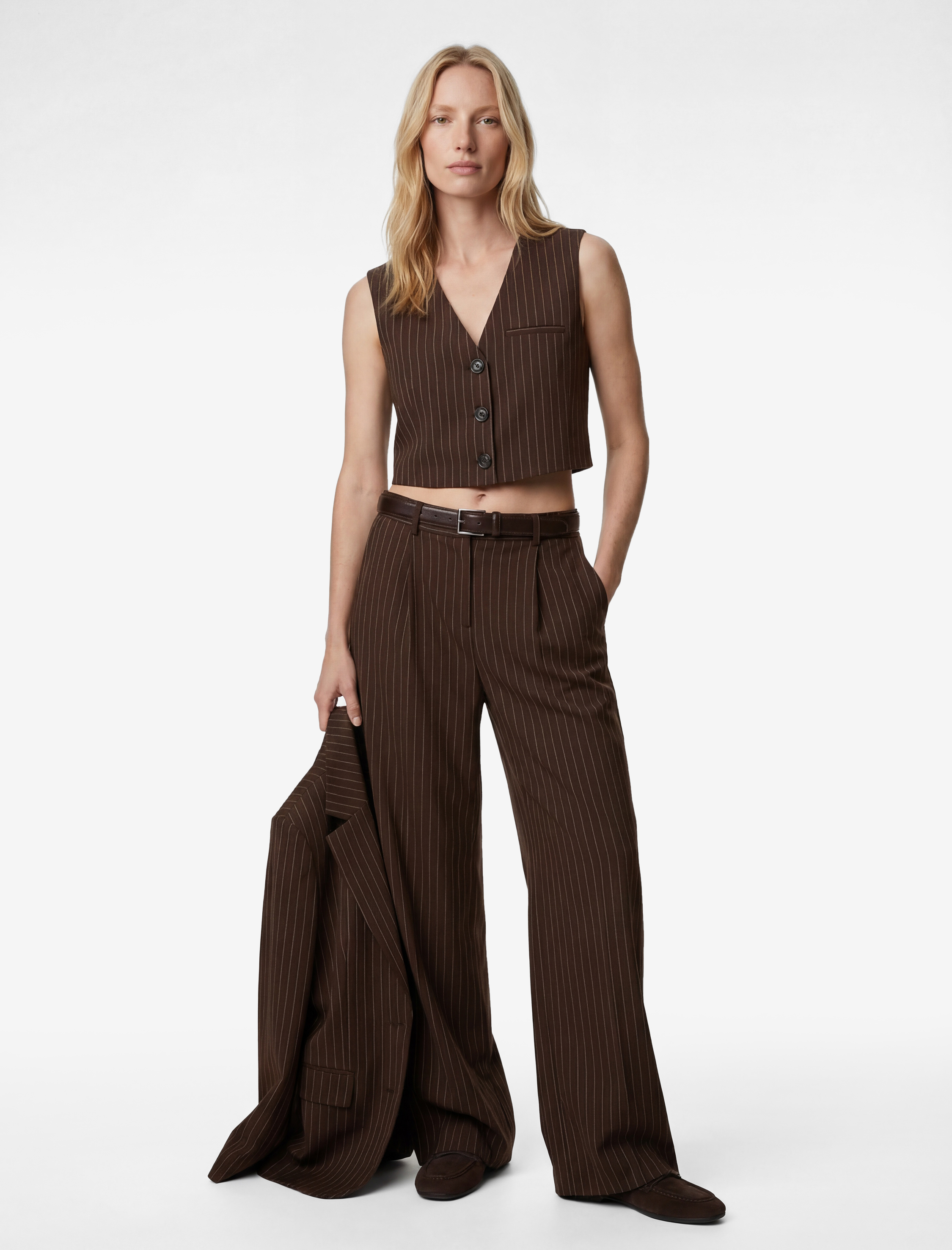   Pileli Viskon Karışımlı Geniş Paça Çizgili Pantolon