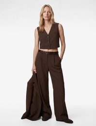 Pileli Viskon Karışımlı Geniş Paça Çizgili Pantolon