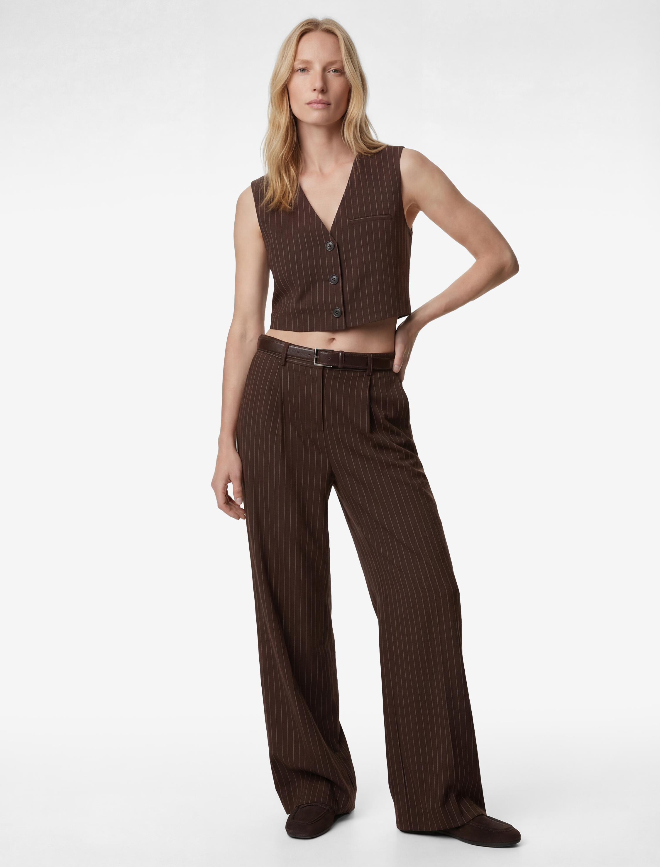   Pileli Viskon Karışımlı Geniş Paça Çizgili Pantolon