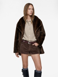 Kemer Detaylı Kruvaze Yaka Uzun Kollu Suni Kürk Kaban