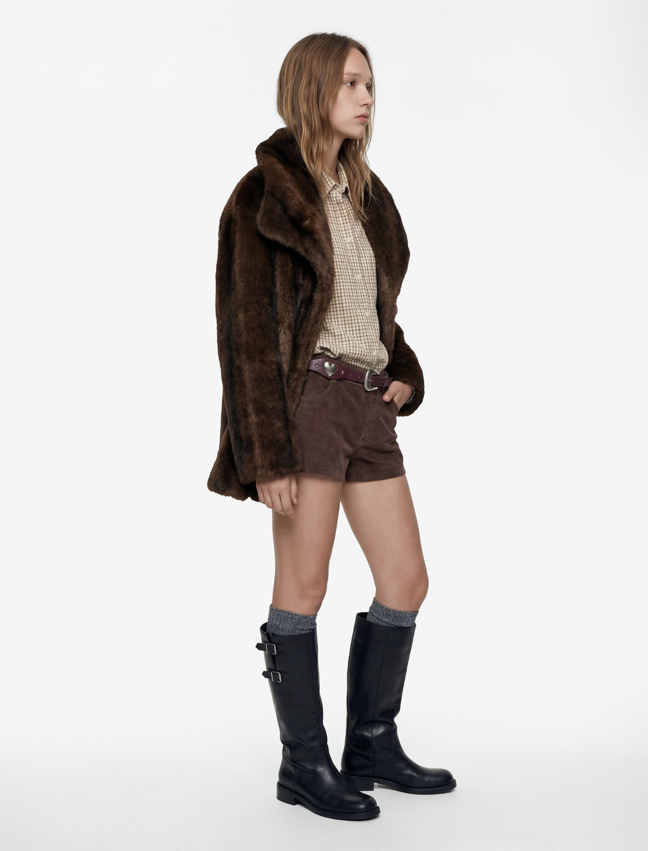   Kemer Detaylı Kruvaze Yaka Uzun Kollu Suni Kürk Kaban