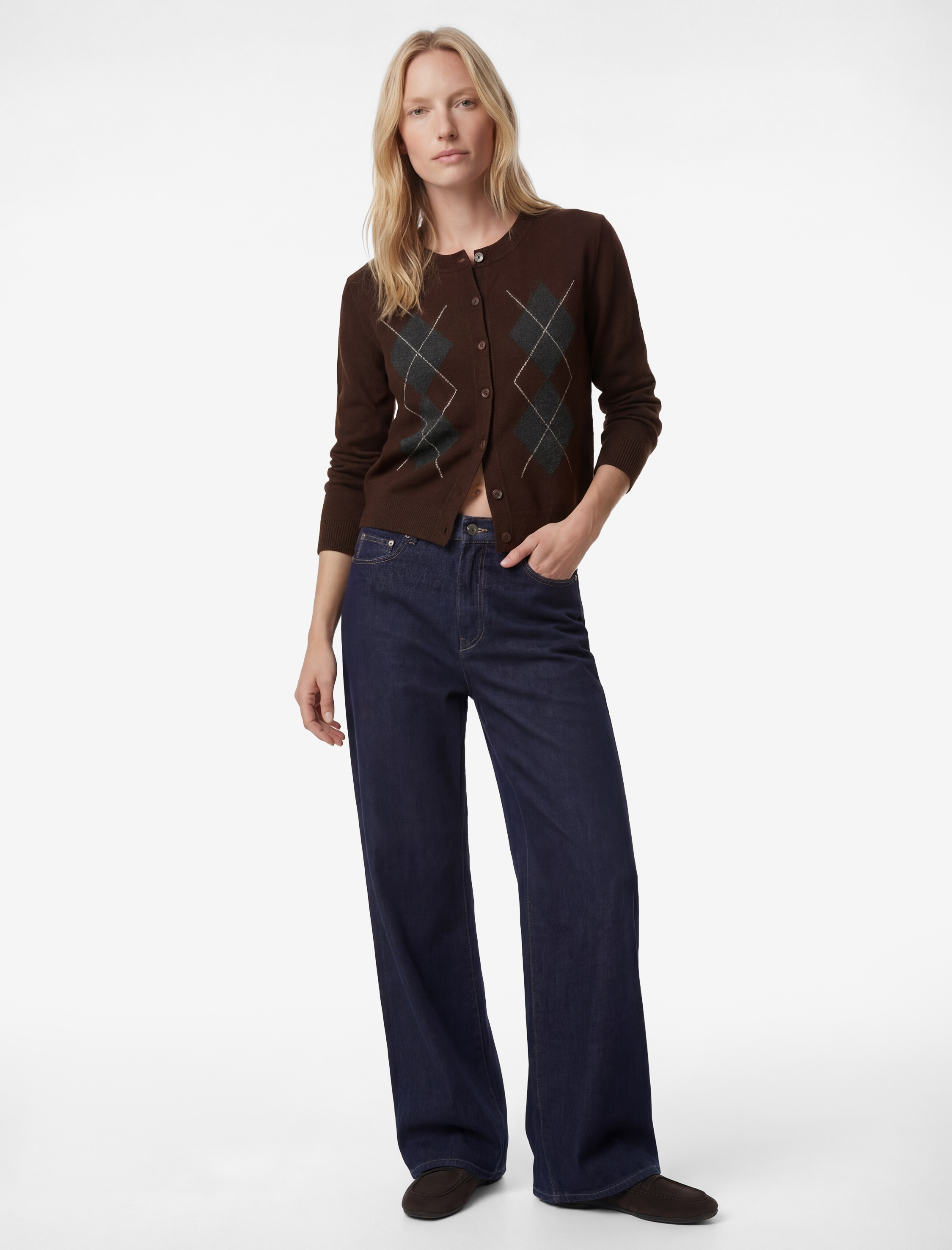   Uzun Kollu Bisiklet Yaka Baklava Desenli Triko Hırka