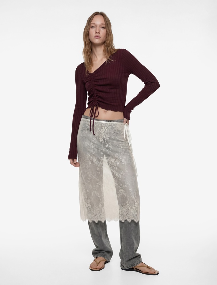  Asimetrik Yaka Büzgülü Slim Fit Uzun Kollu Tişört