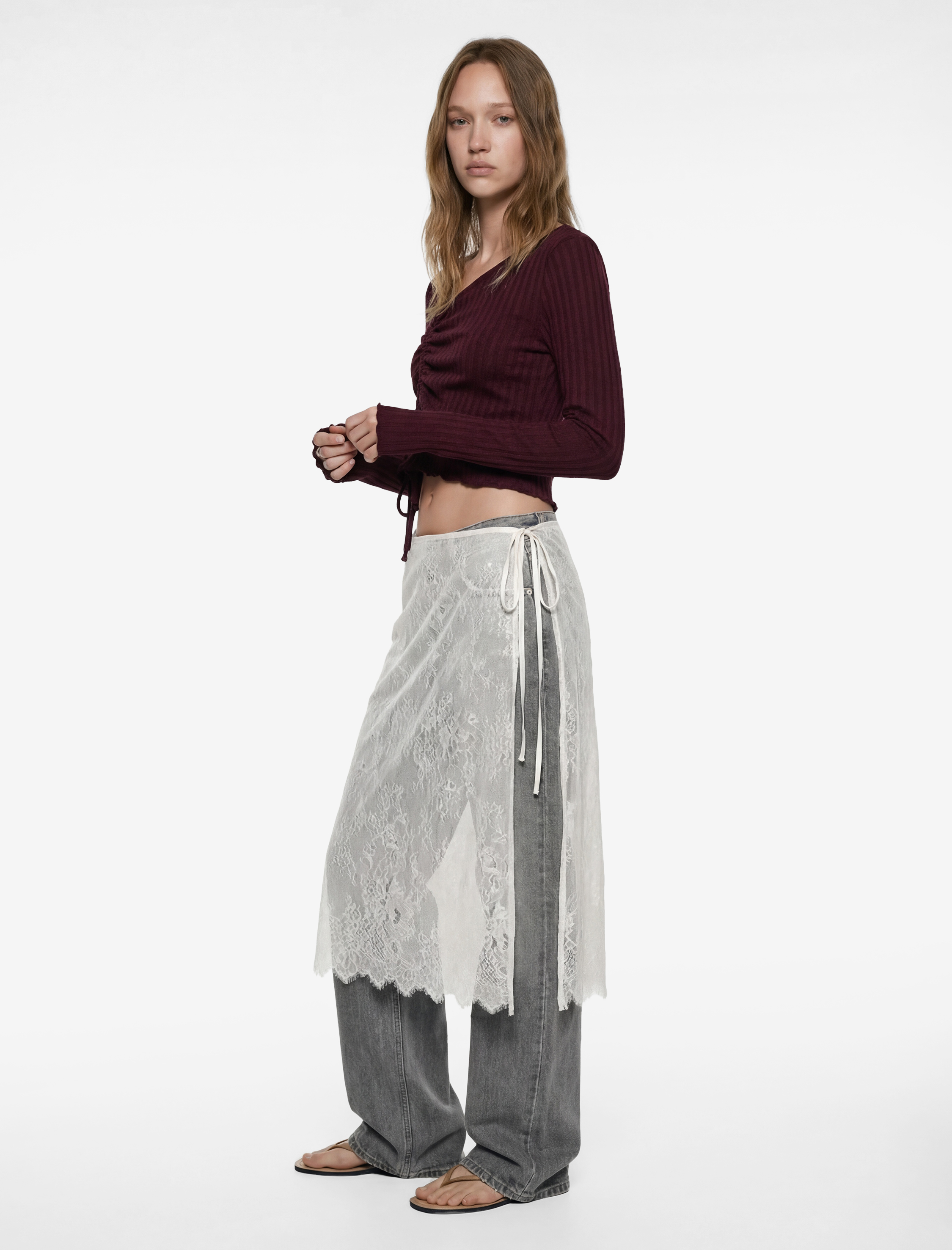   Asimetrik Yaka Büzgülü Slim Fit Uzun Kollu Tişört