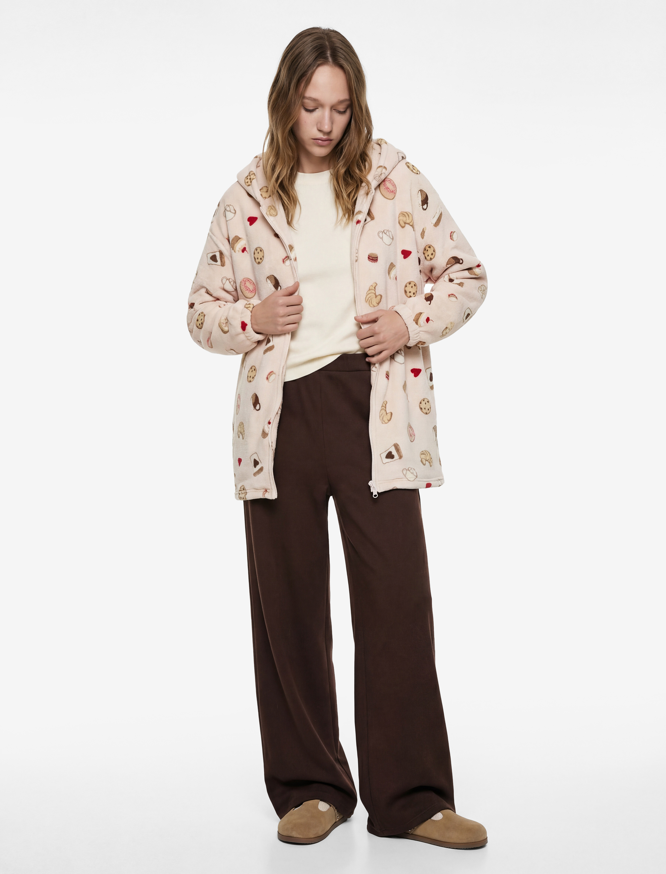   Kapüşonlu Uzun Kollu Baskılı Fermuarlı Oversize Sabahlık