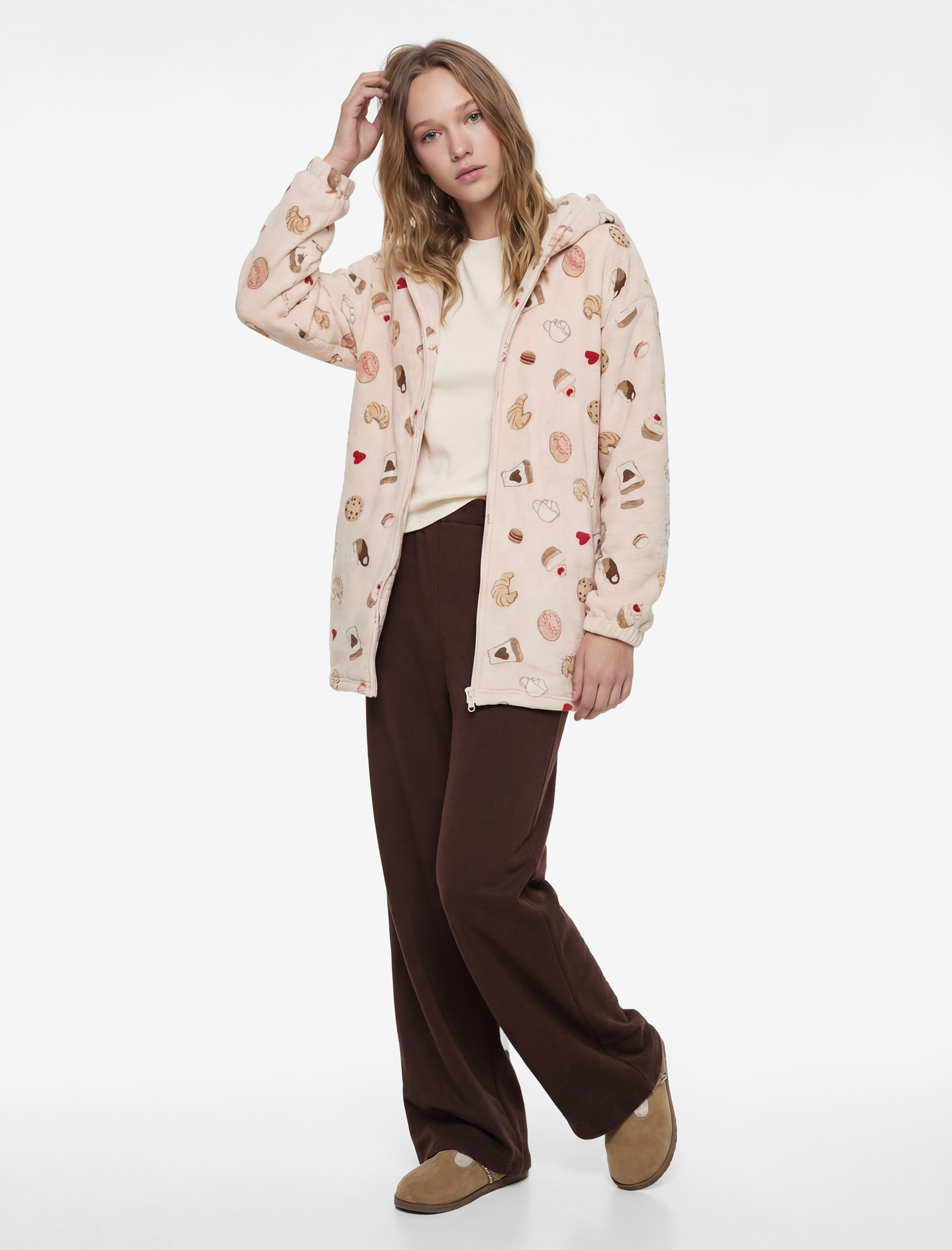   Kapüşonlu Uzun Kollu Baskılı Fermuarlı Oversize Sabahlık