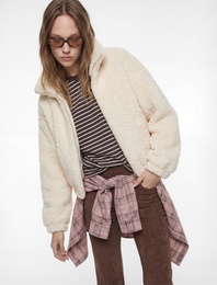 Uzun Kollu Dik Yaka Fermuarlı Peluş Ceket
