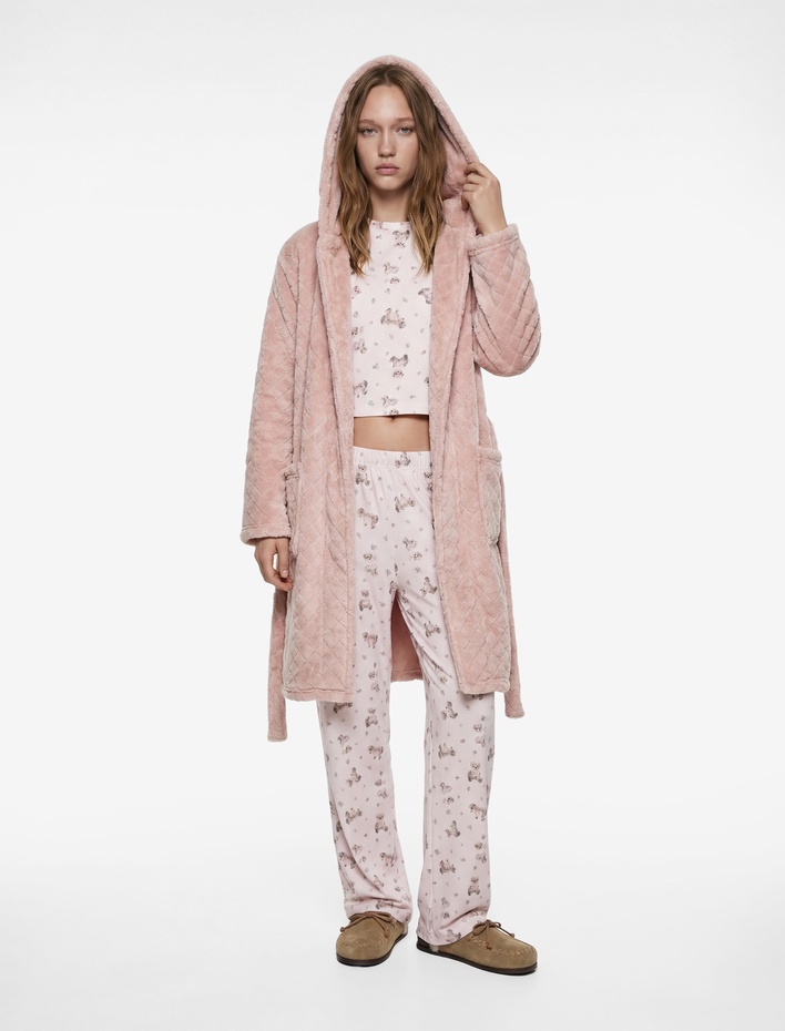  Kapüşonlu Uzun Kollu Cepli Dokulu Polar Sabahlık