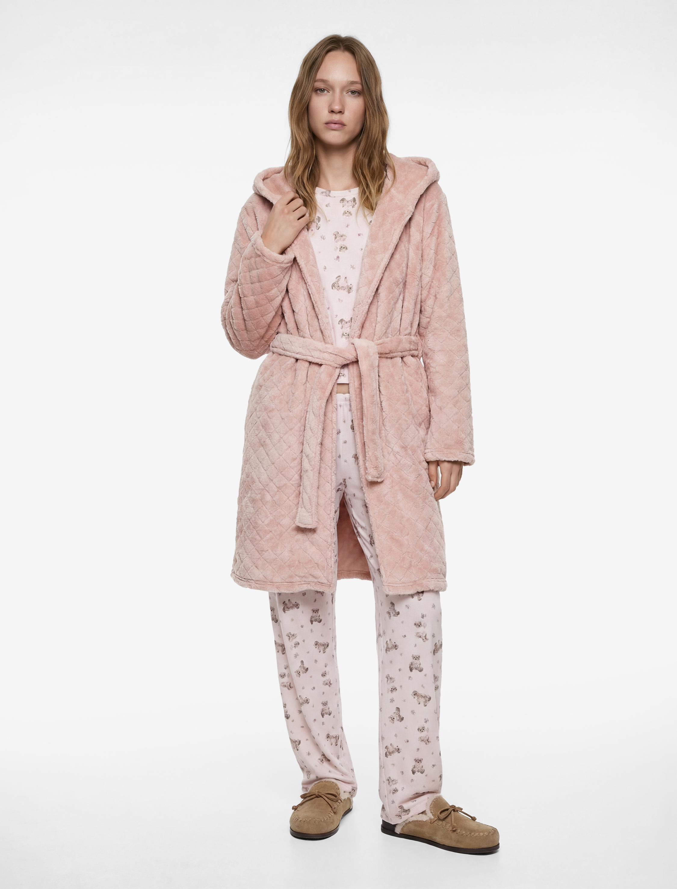   Kapüşonlu Uzun Kollu Cepli Dokulu Polar Sabahlık