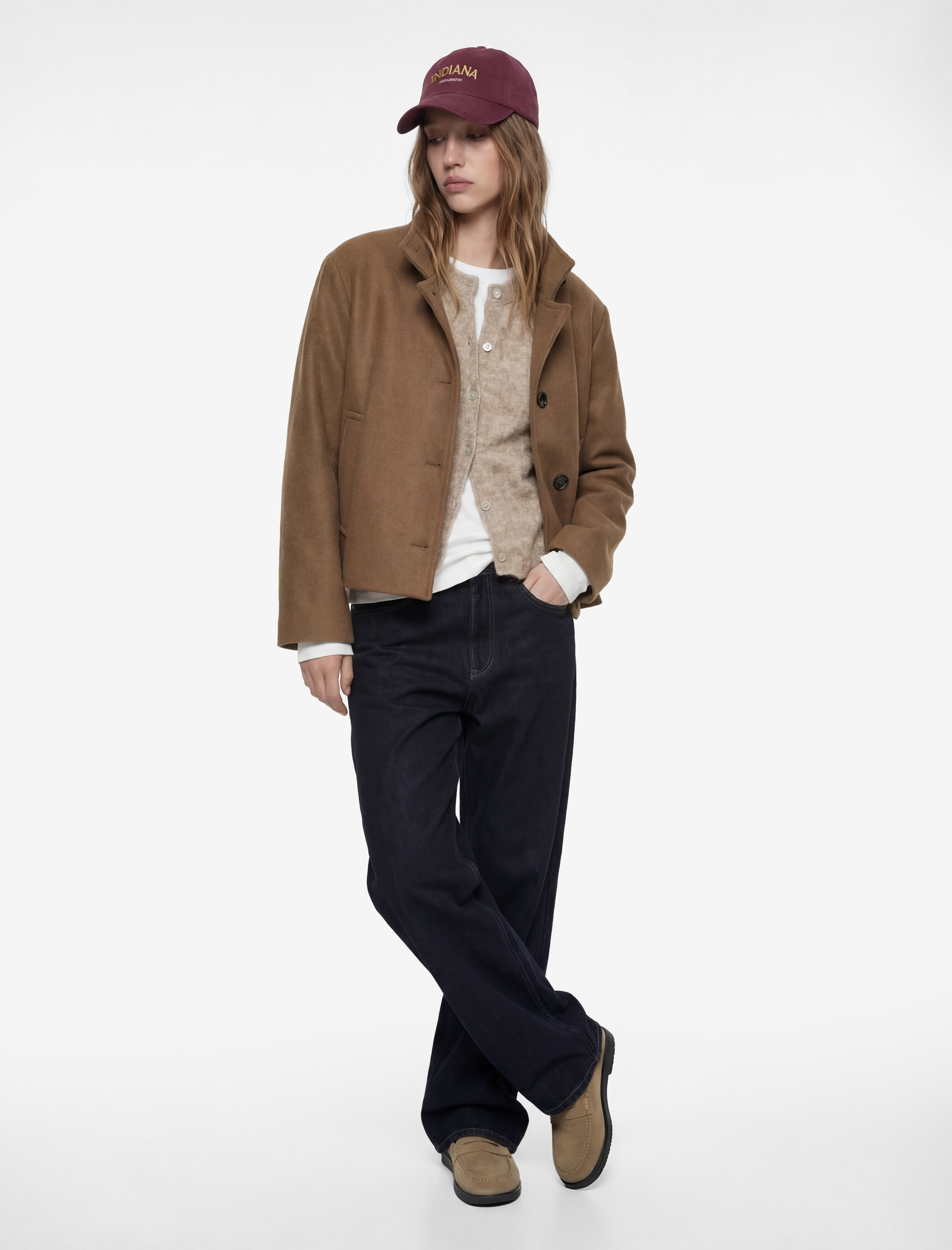   Uzun Kollu Dik Yaka Cep Detaylı Düğmeli Crop Ceket