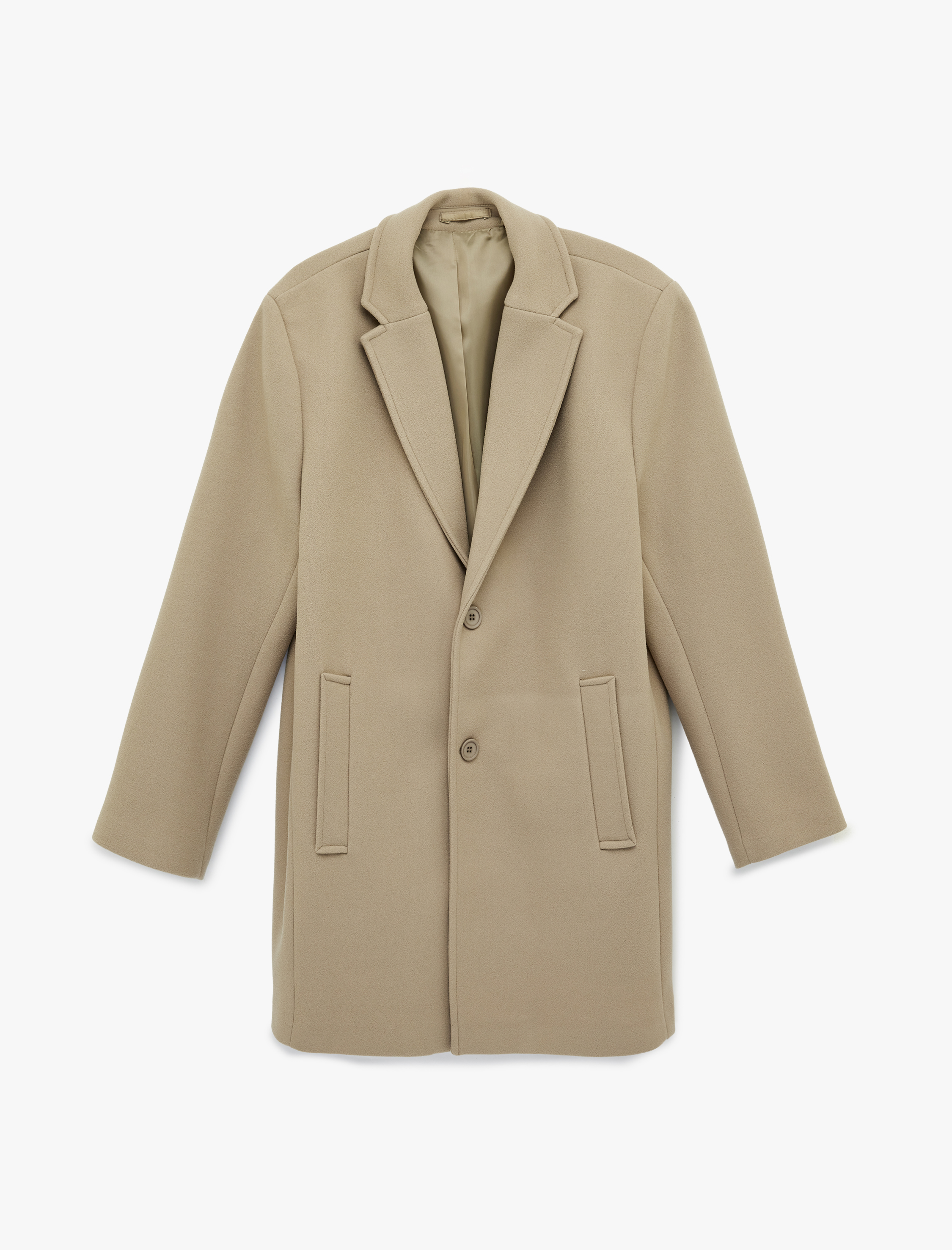   Regular Fit Uzun Kollu Cepli Düğmeli Kruvaze Yaka Kaşe Kaban