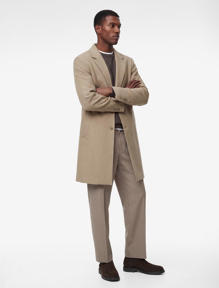  Regular Fit Uzun Kollu Cepli Düğmeli Kruvaze Yaka Kaşe Kaban