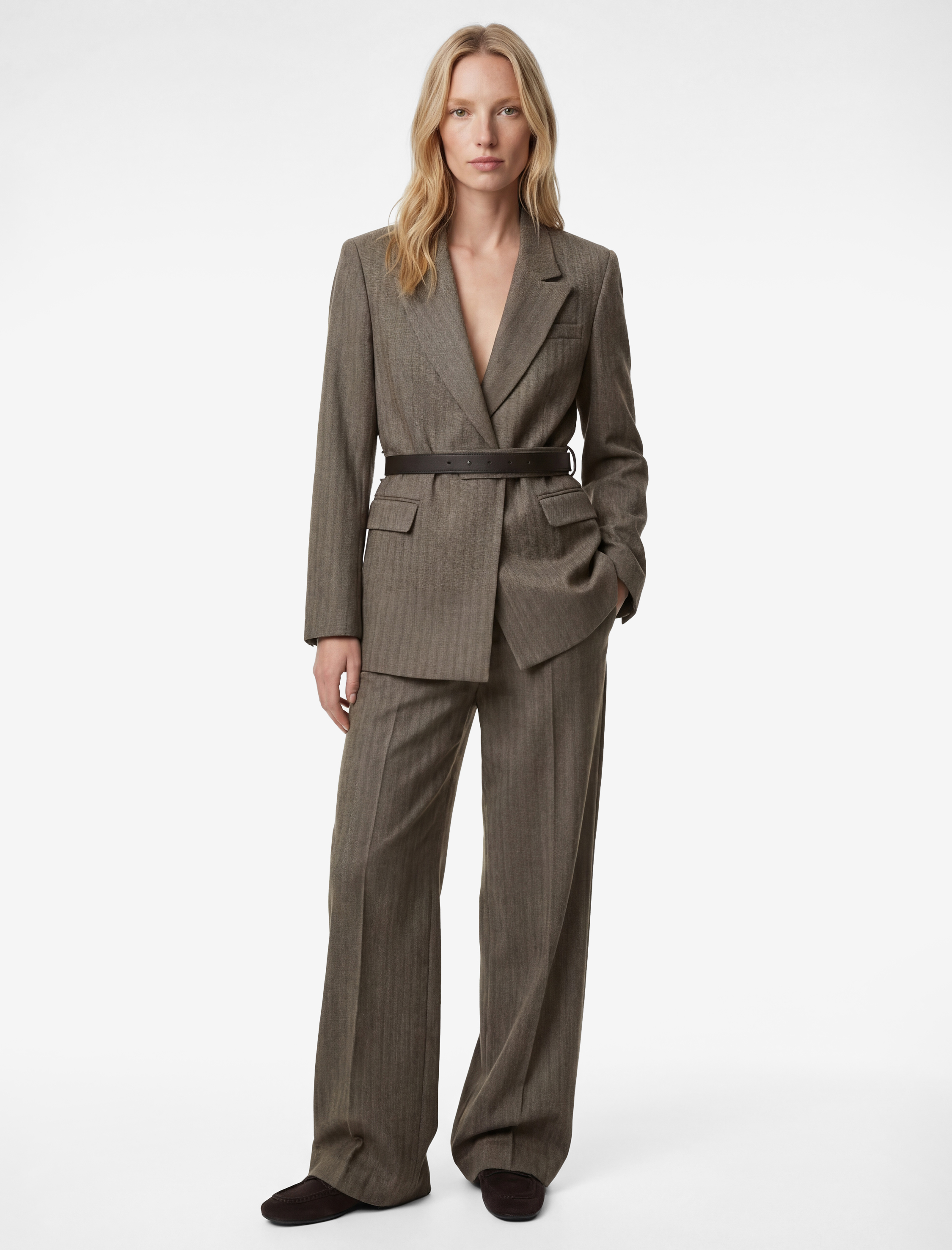   Flanel Kumaş Cepli Uzun Kollu Kemerli Blazer Ceket