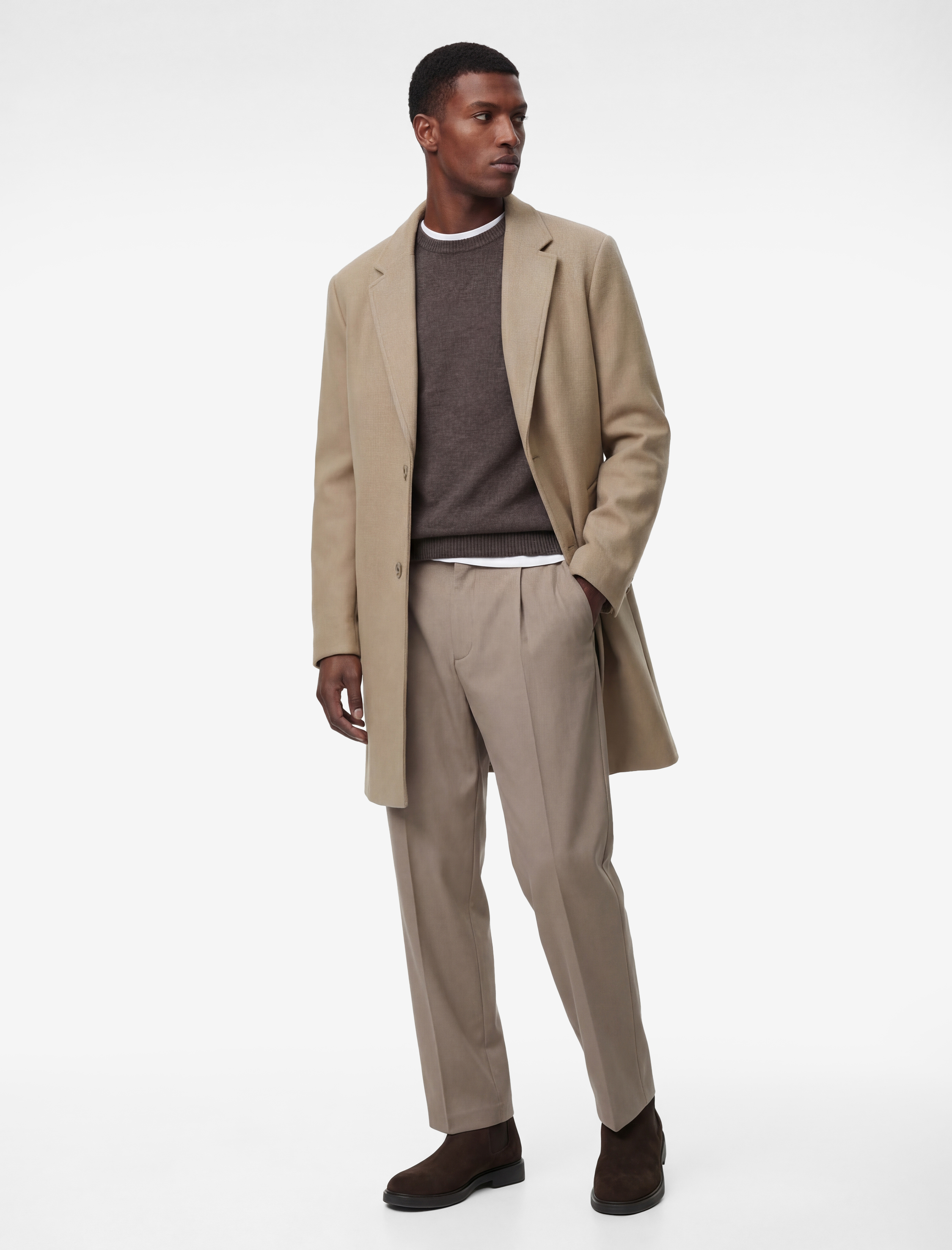   Regular Fit Uzun Kollu Cepli Düğmeli Kruvaze Yaka Kaşe Kaban