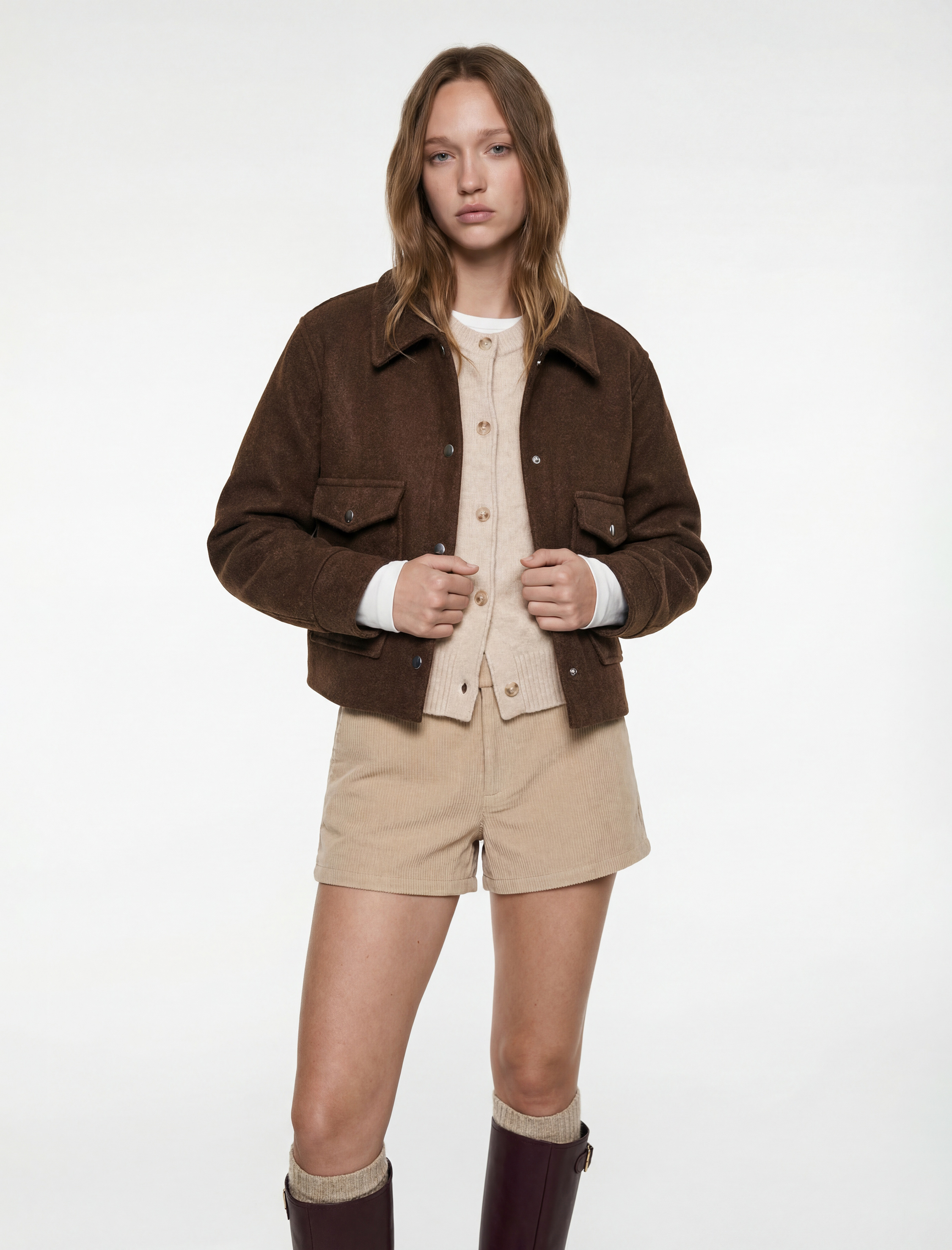   Rahat Kalıp Klasik Yaka Cepli Düğmeli Crop Bomber Ceket