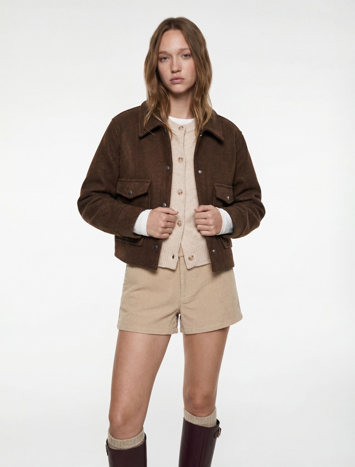  Rahat Kalıp Klasik Yaka Cepli Düğmeli Crop Bomber Ceket