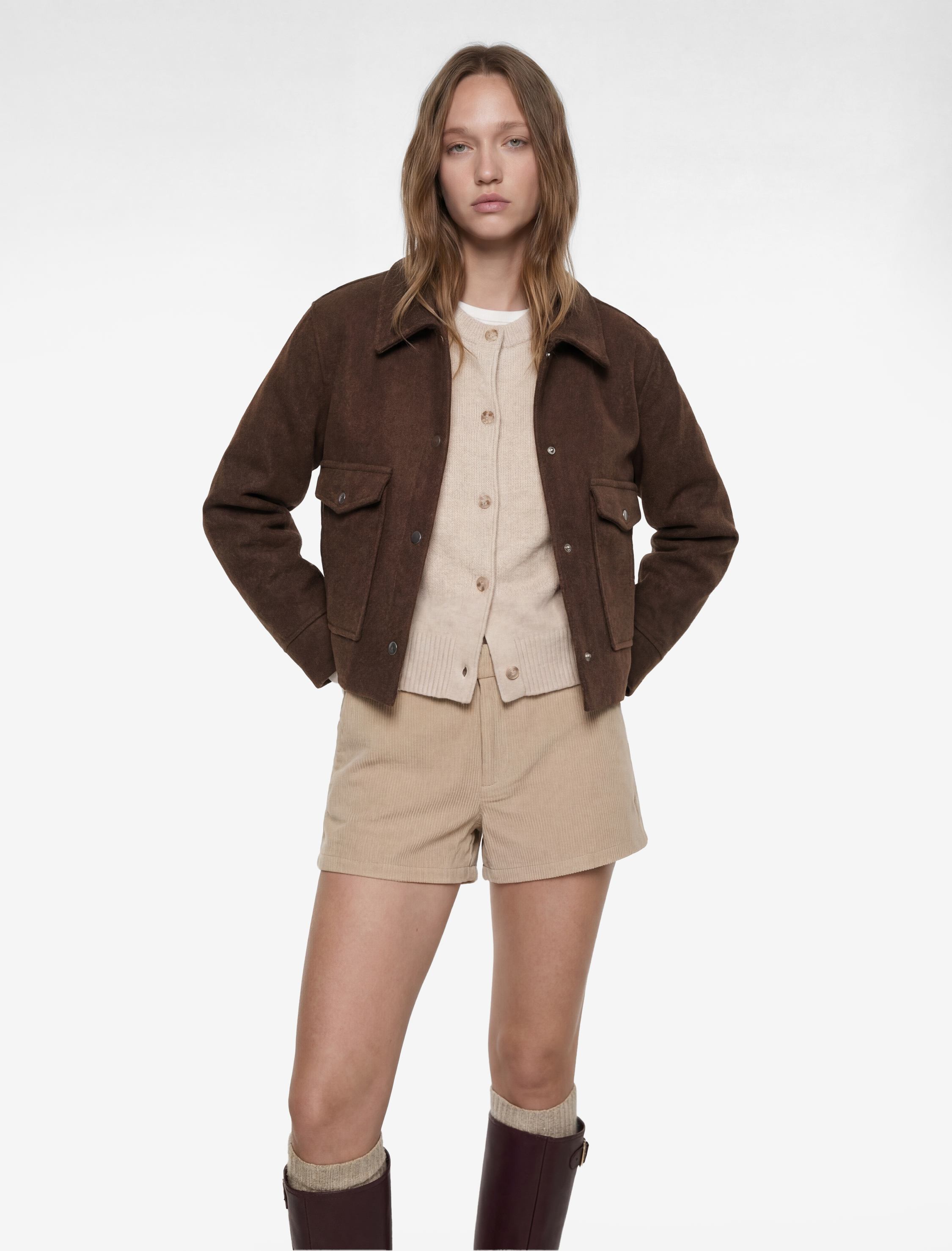   Rahat Kalıp Klasik Yaka Cepli Düğmeli Crop Bomber Ceket