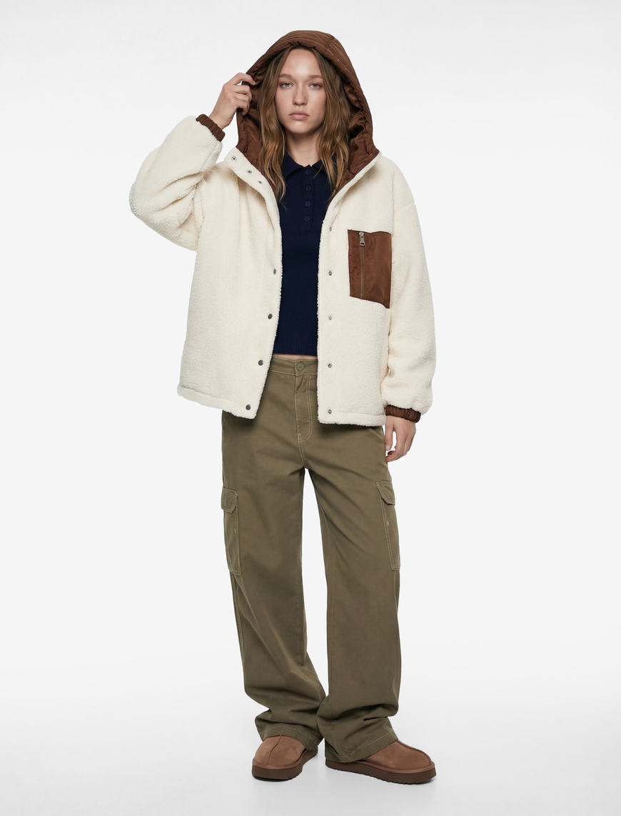 Koton Kadın Kapüşonlu Çıtçıt Düğmeli Cep Detaylı Kapitoneli Peluş Oversize Ceket