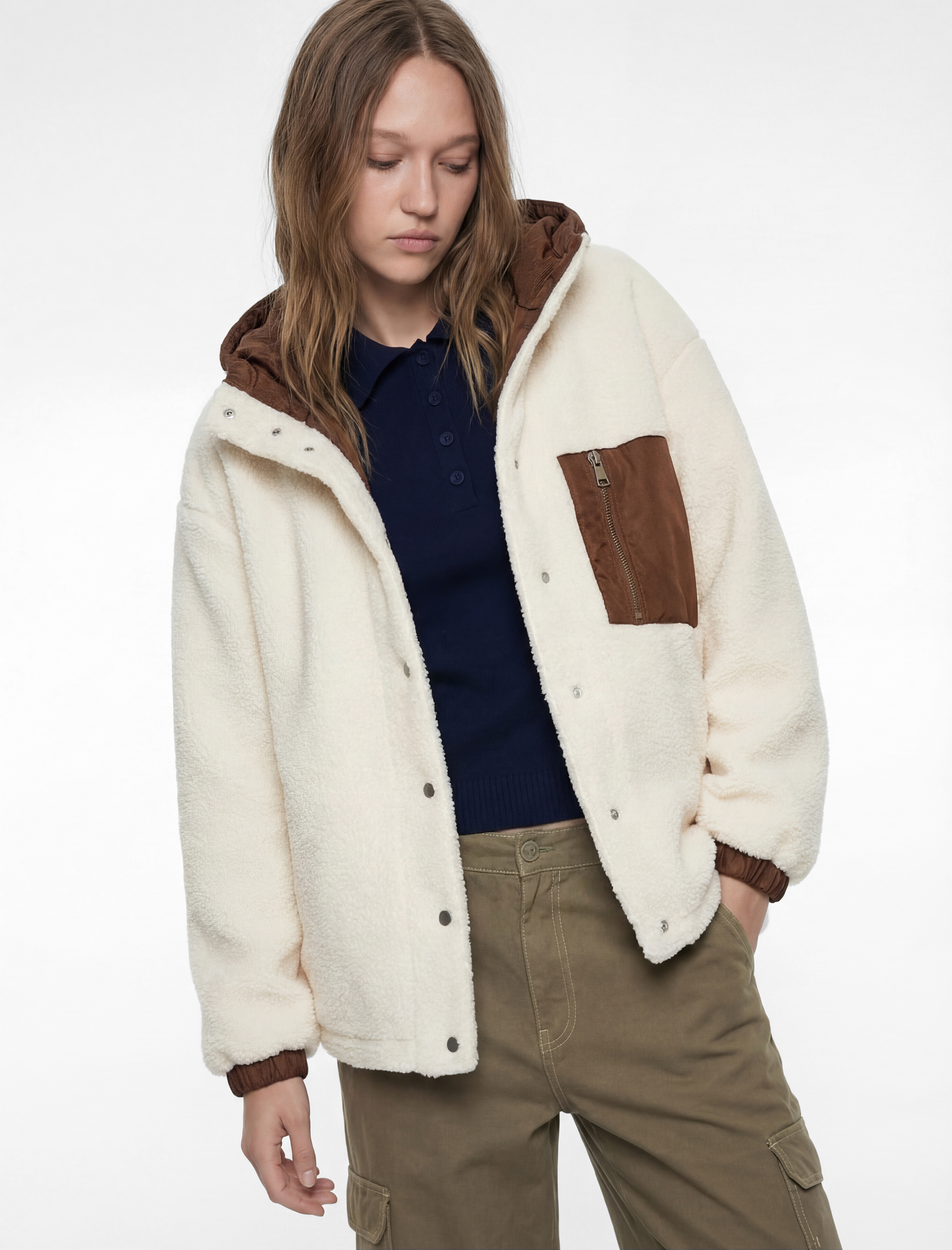   Kapüşonlu Çıtçıt Düğmeli Cep Detaylı Kapitoneli Peluş Oversize Ceket