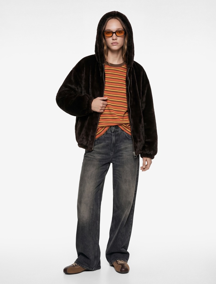  Kapüşonlu Fermuarlı Suni Kürk Ceket