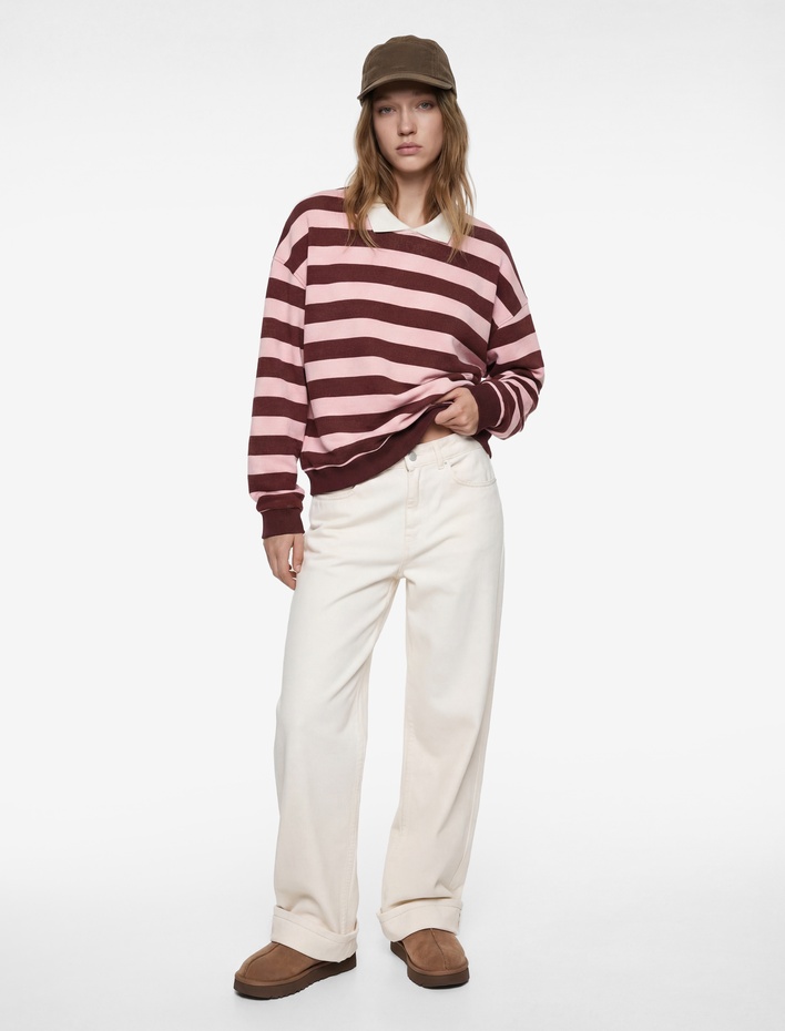  Rahat Kalıp Uzun Kollu Polo Yaka Çizgili Sweatshirt