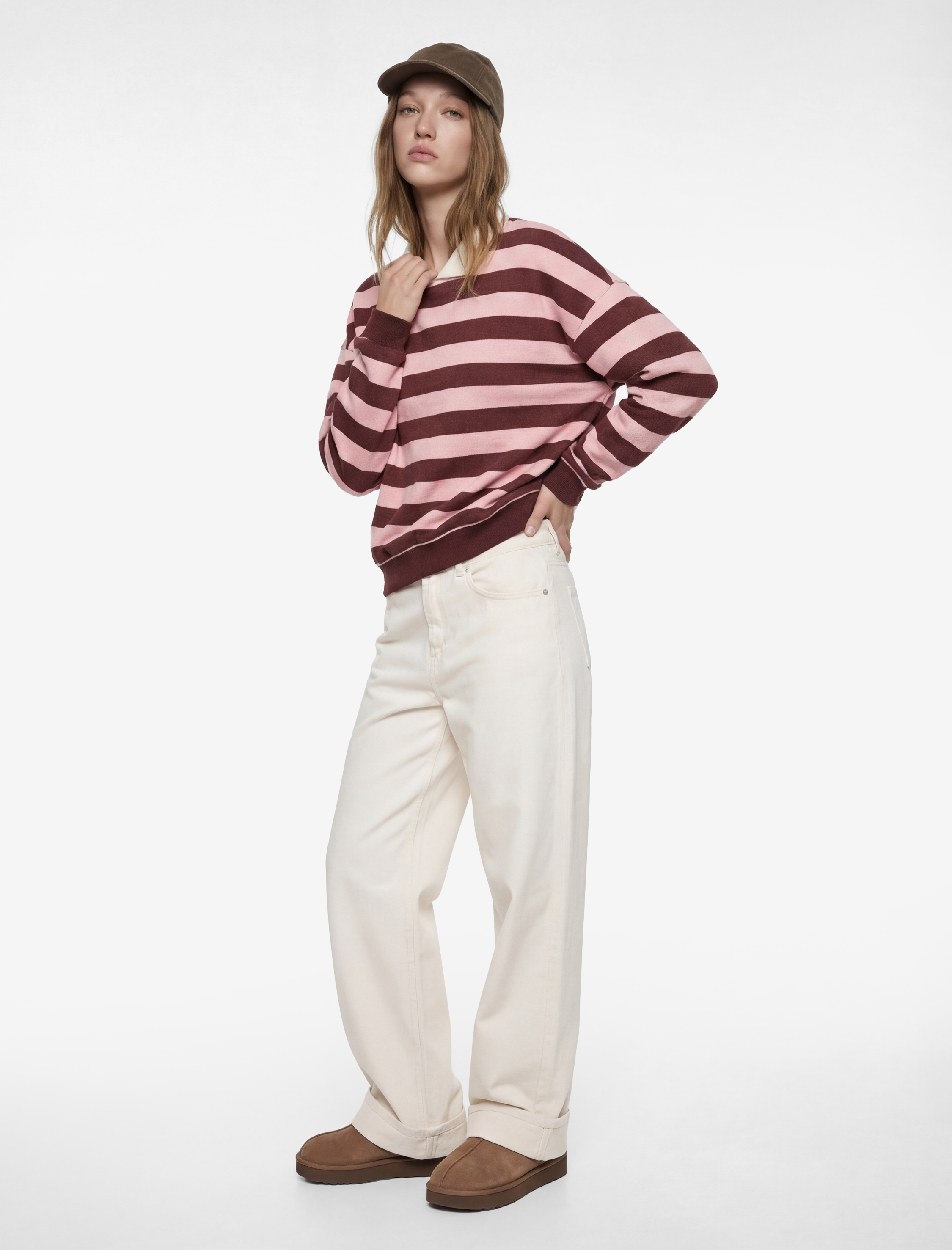   Rahat Kalıp Uzun Kollu Polo Yaka Çizgili Sweatshirt