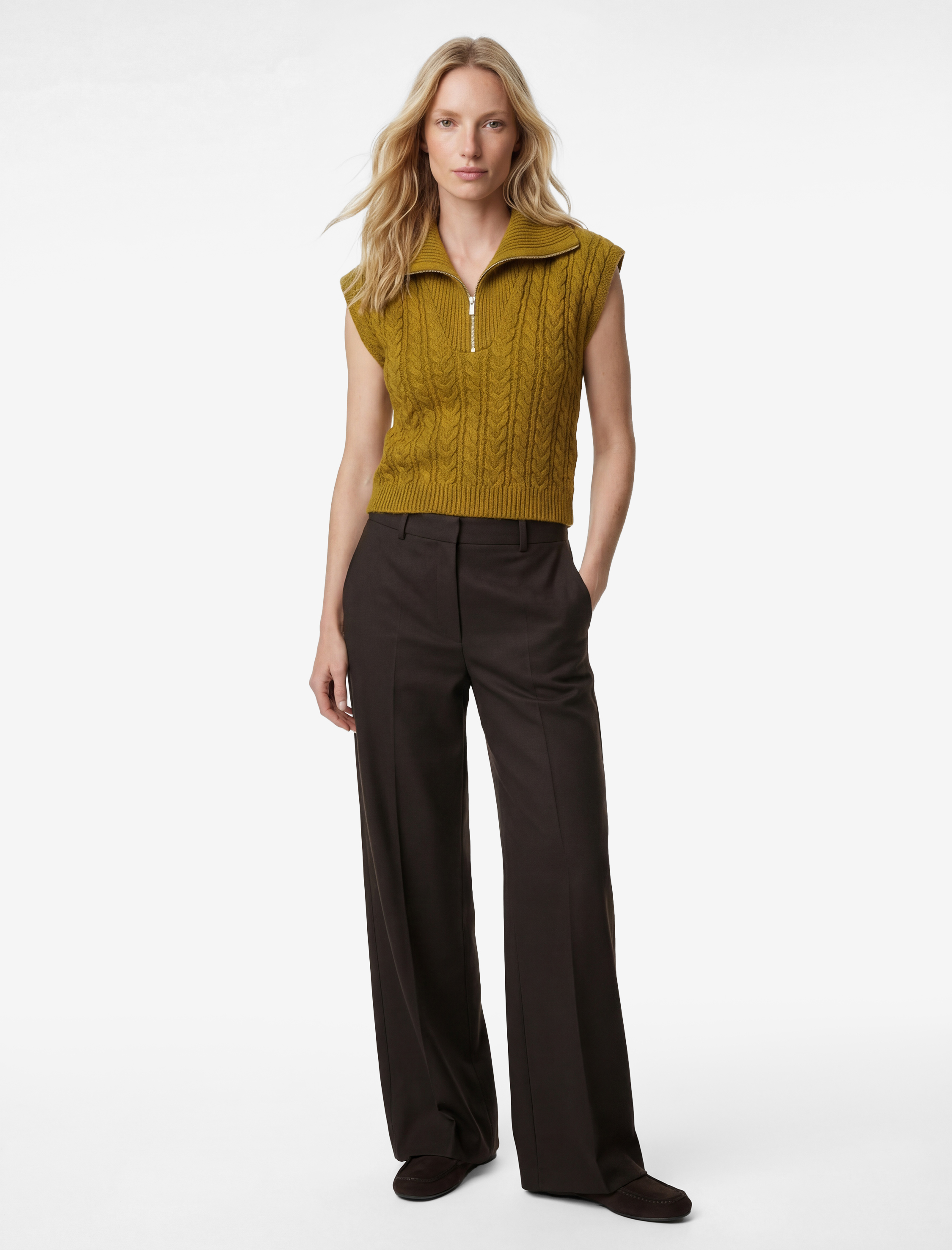   Yarım Fermuarlı Devrik Yaka Saç Örgü Süveter