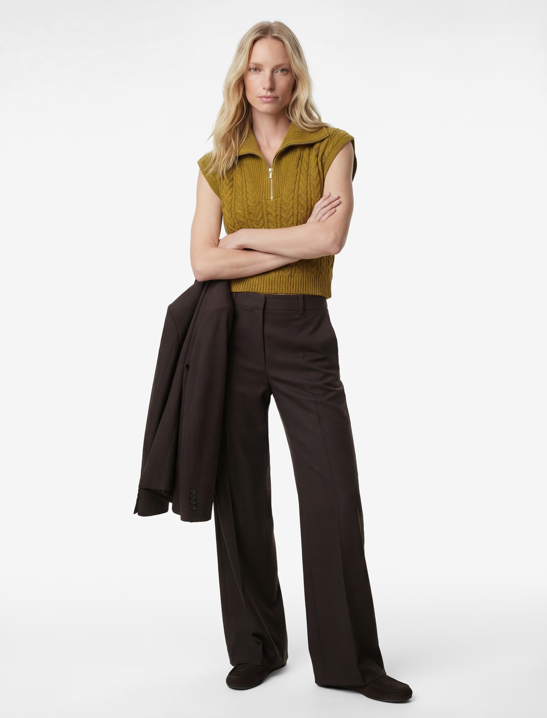   Yarım Fermuarlı Devrik Yaka Saç Örgü Süveter