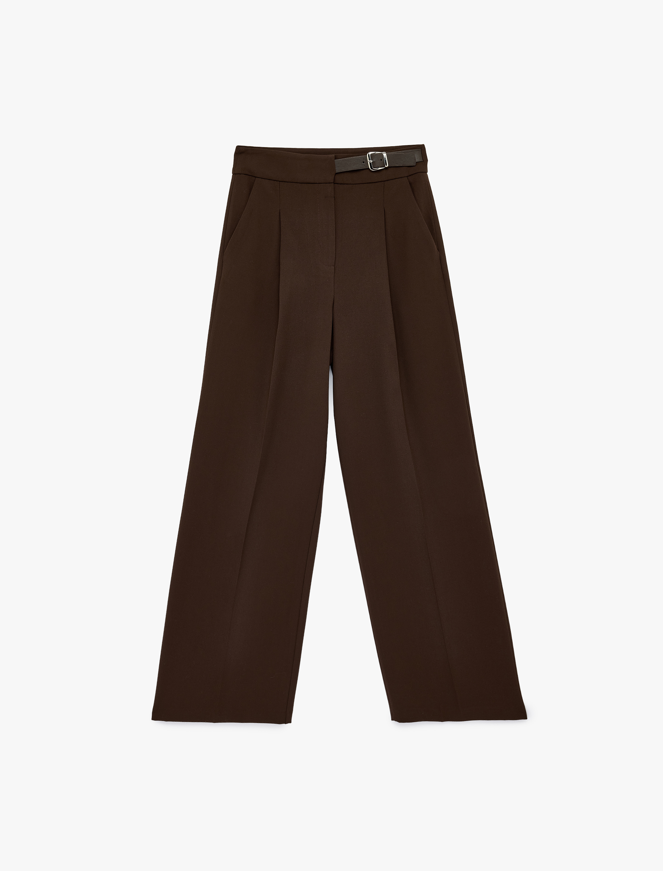   Yarım Kemer Detaylı Pileli Cepli Bol Paça Uzun Kumaş Pantolon