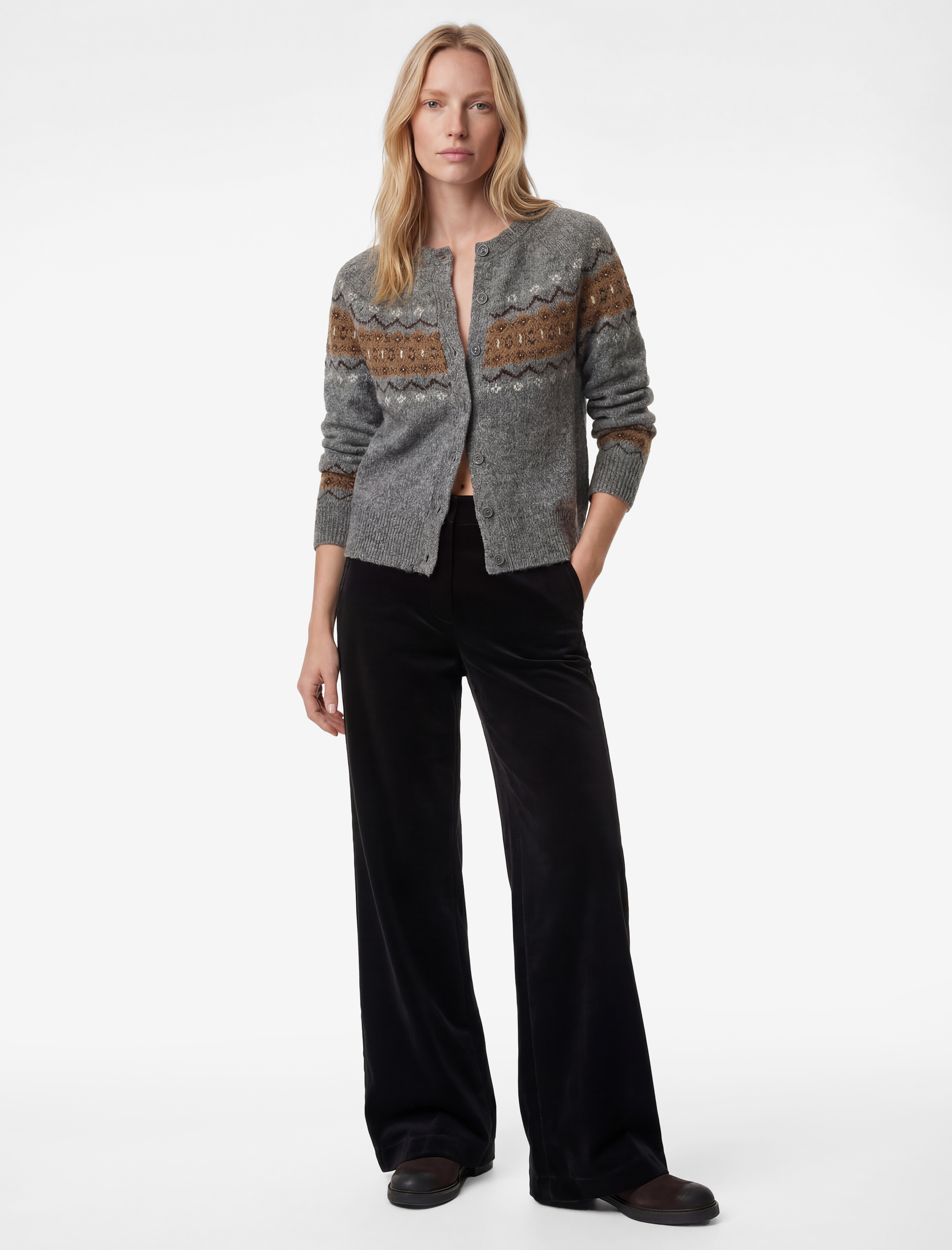   Uzun Kollu Bisiklet Yaka Etnik Desenli Triko Hırka