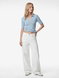 Slim Fit Kısa Kollu Parıltılı Polo V Yaka Triko Kazak