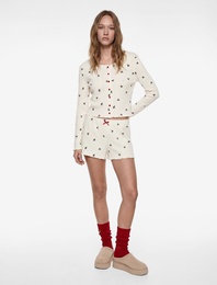 Pamuklu Uzun Kollu Bisiklet Yaka Desenli Crop Pijama Üstü