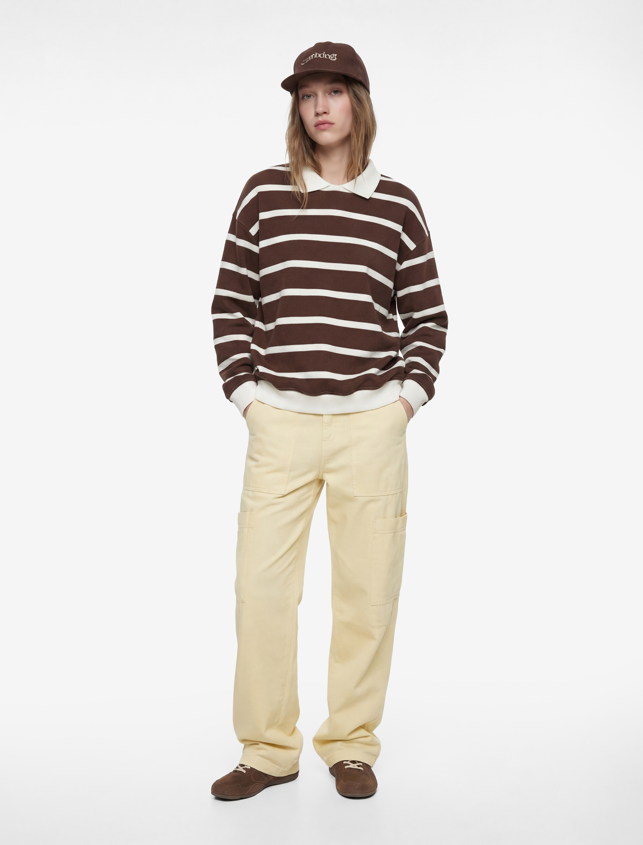   Şardonlu Polo Yaka Çizgili Oversize Sweatshirt