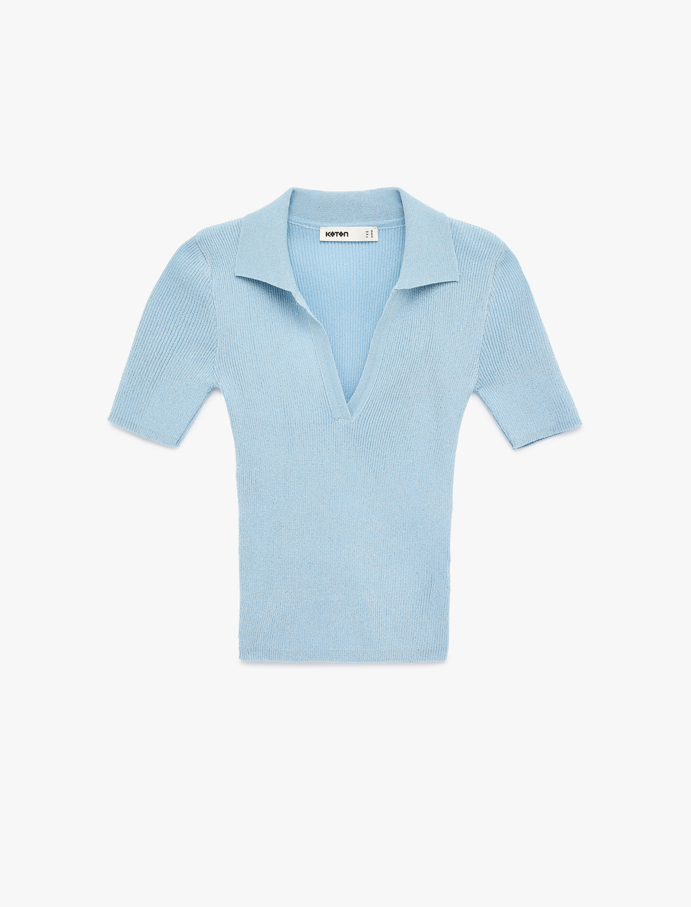   Slim Fit Kısa Kollu Parıltılı Polo V Yaka Triko Kazak