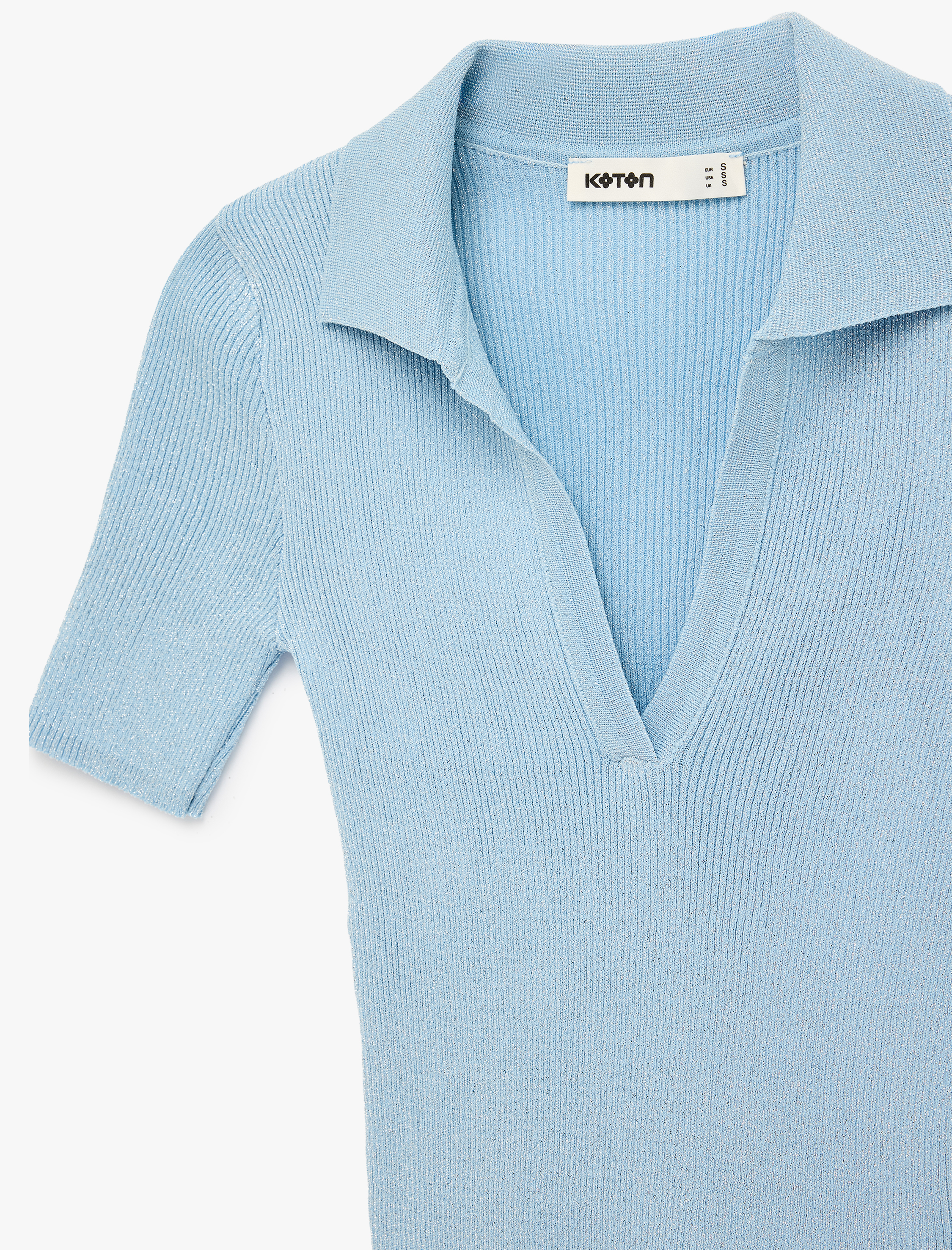   Slim Fit Kısa Kollu Parıltılı Polo V Yaka Triko Kazak