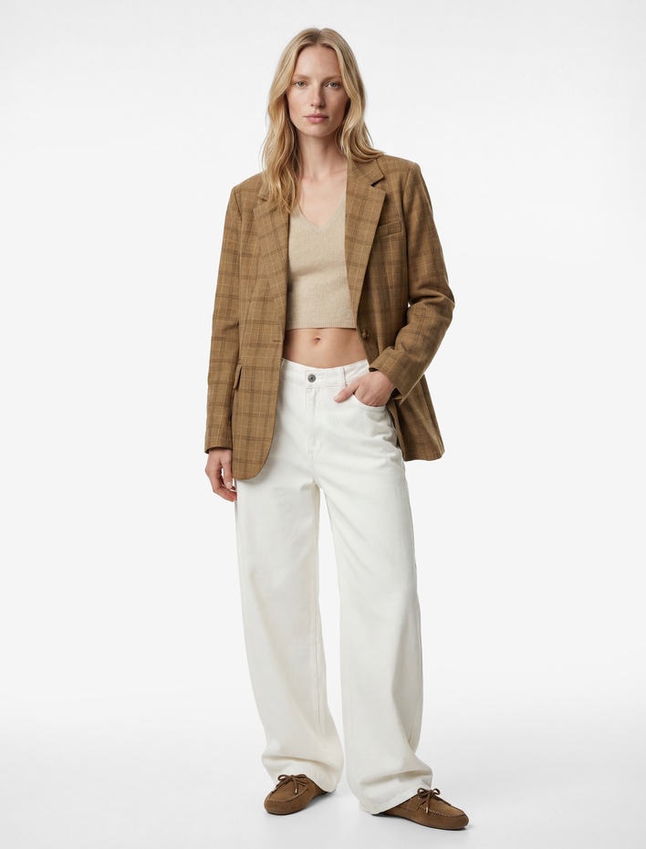  Uzun Kollu Cepli Düğmeli Ekose Blazer Ceket